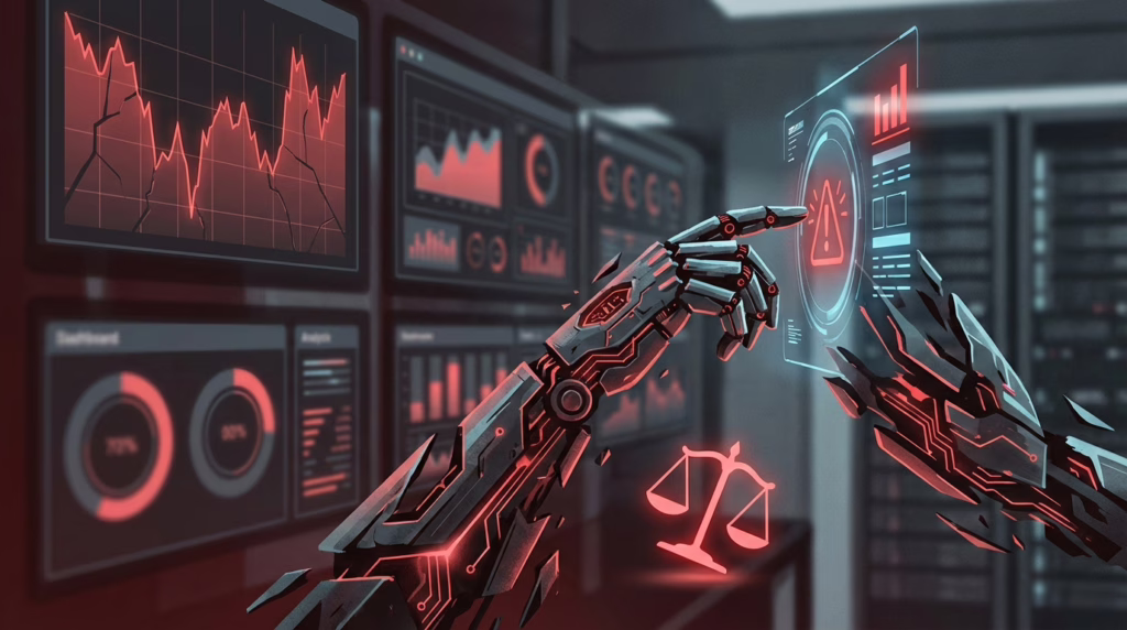 Editorial image of an AI-driven trading setup with finance screens and a red risk warning mood