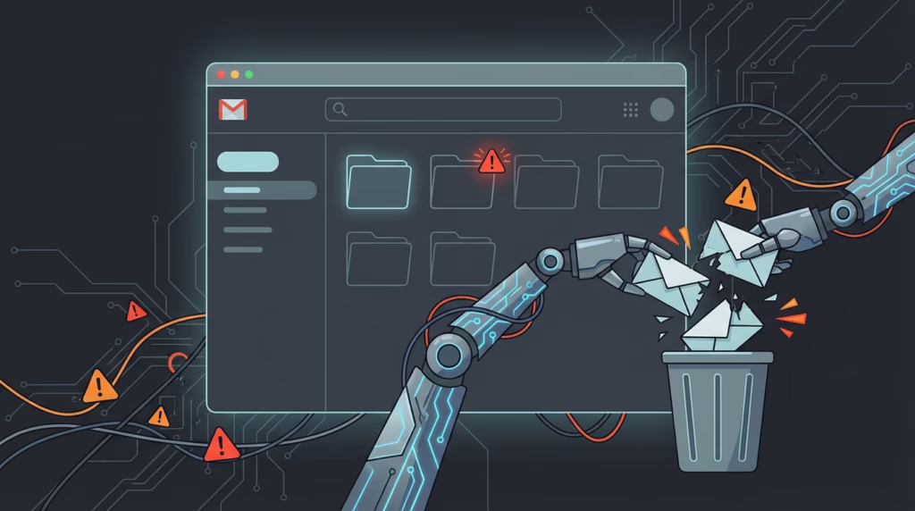 Editorial image of an email inbox being aggressively automated by robotic systems