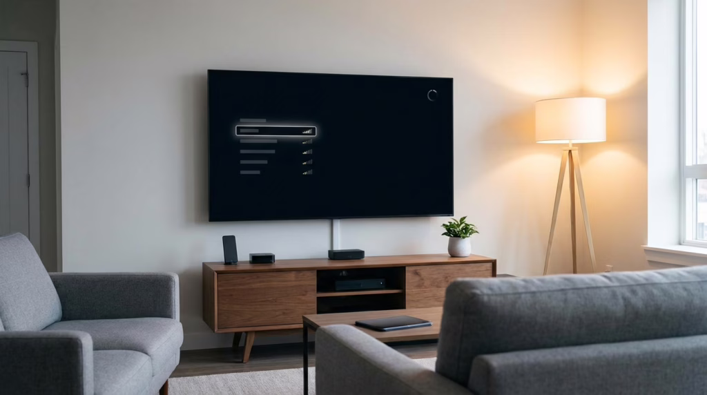 Apple TV streaming interface in a living room with playback settings visible, illustrating Plex buffering and quality adjustment