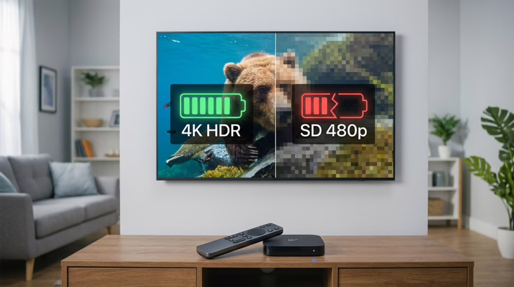 Editorial image of a television media interface showing clear versus blurry streaming quality