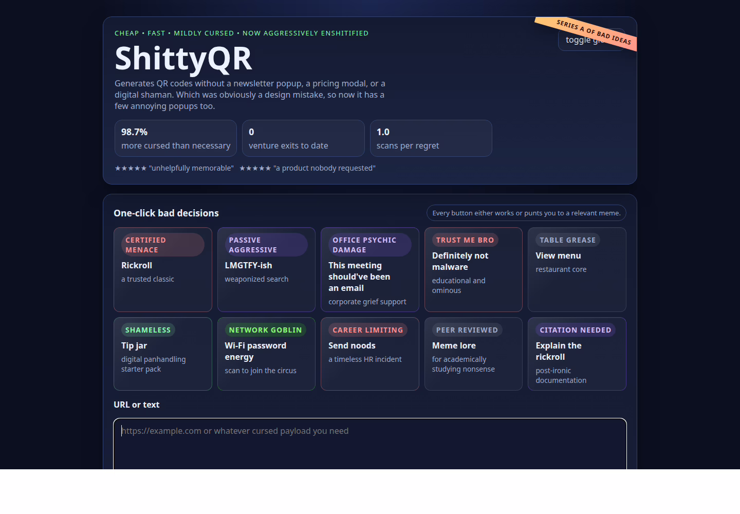 ShittyQR interface showing the intentionally ridiculous but functional QR generator.