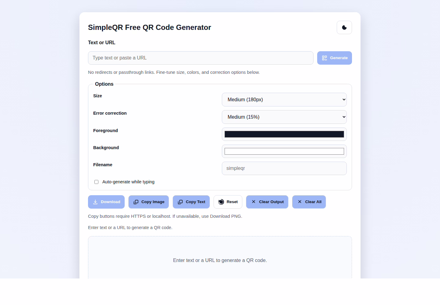 SimpleQR interface for generating a direct QR code without redirects or account signup.