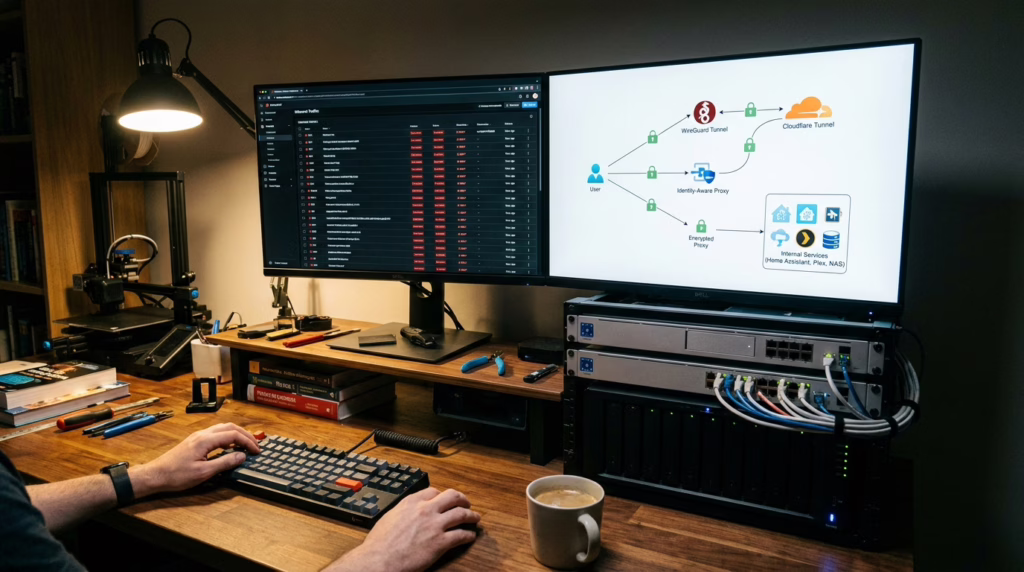 Operator workstation with firewall controls and remote-access dashboards illustrating safer access patterns for self-hosted services