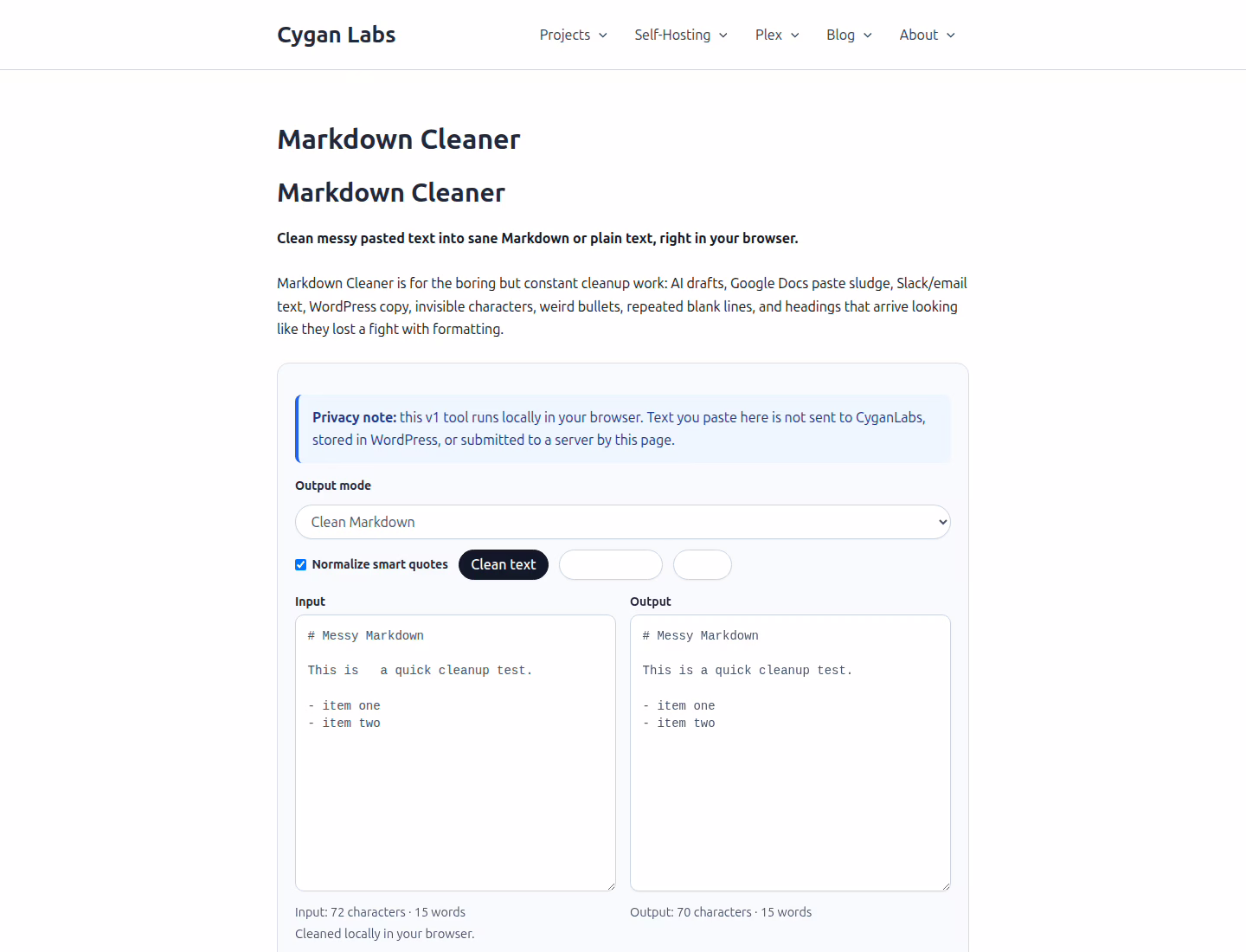 Screenshot of the CyganLabs Markdown Cleaner tool showing input and cleaned output fields.