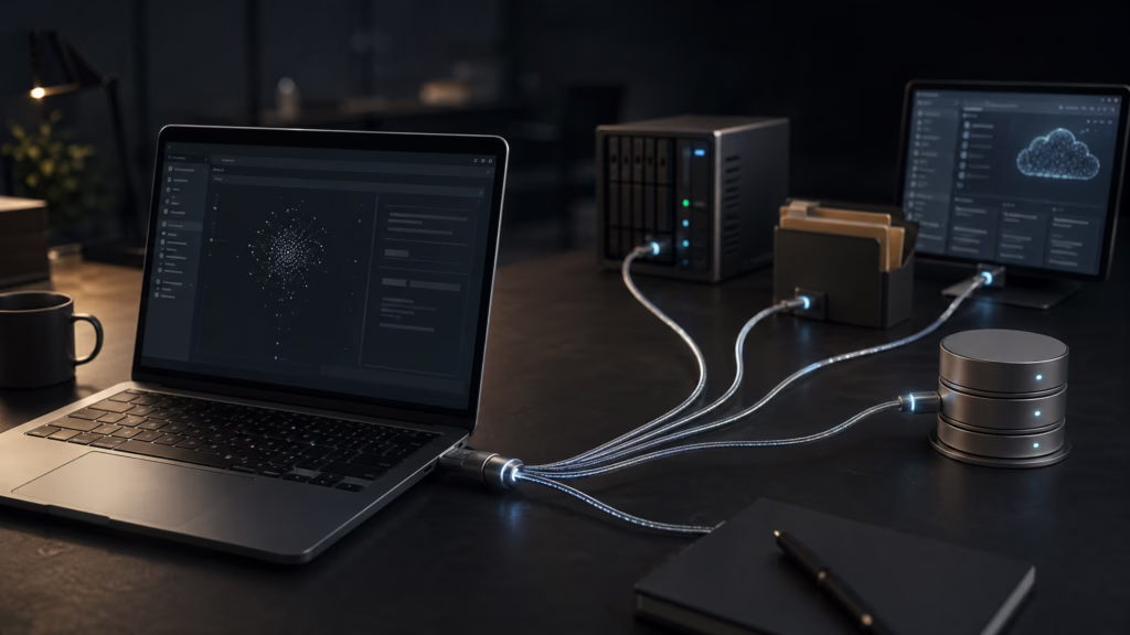 A universal connector links an AI interface to multiple systems, suggesting both interoperability and security risk.