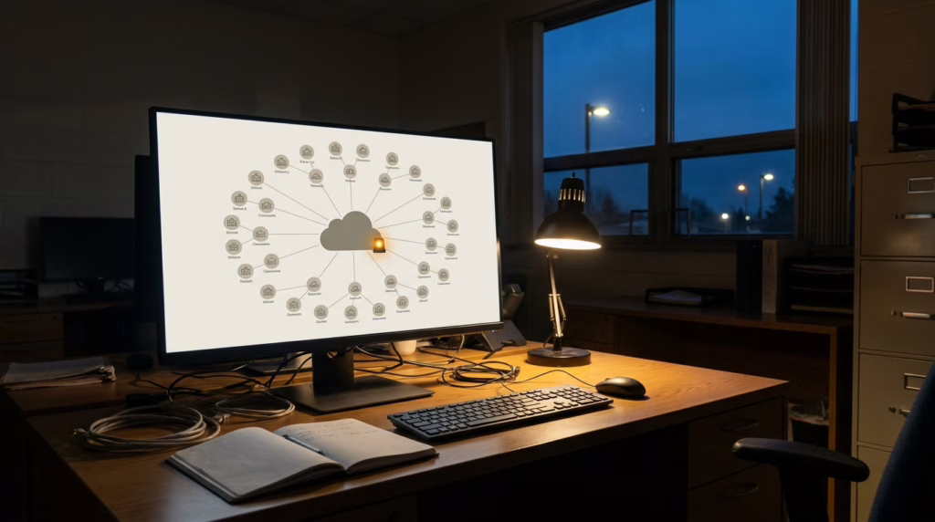 A district technology dashboard showing many school systems connected to a central cloud vendor with a warning indicator.