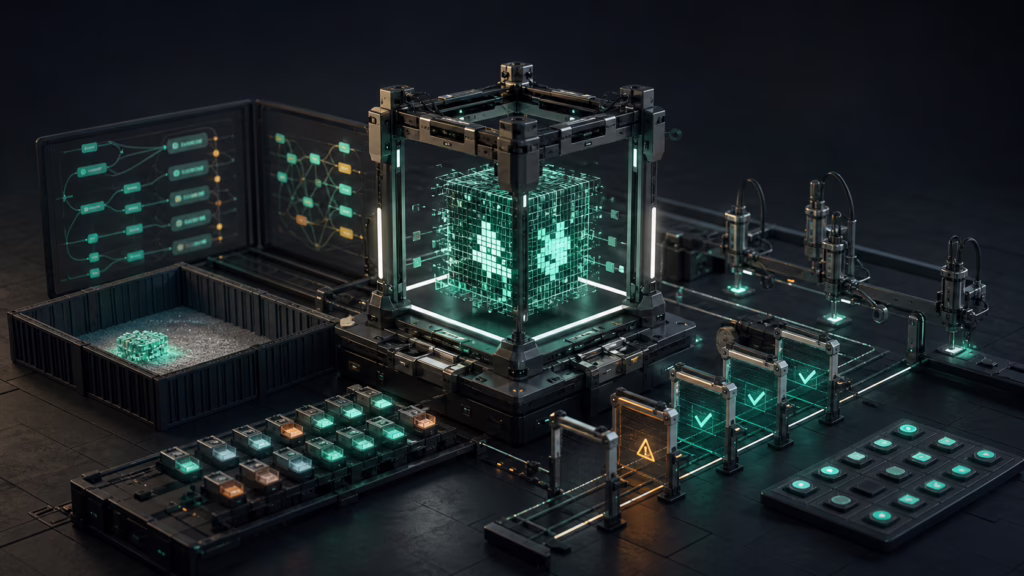 Abstract AI model cube inside a mechanical security testing harness with evidence and validation gates.