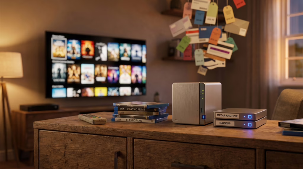 A small home media server and personal media library setup beside a TV interface, contrasted with blurred streaming subscription cards in the background.