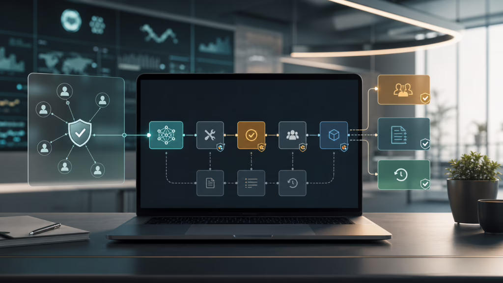 Abstract AI agent workflow with approval gates, tool cards, audit logs, and scoped permission boundaries.