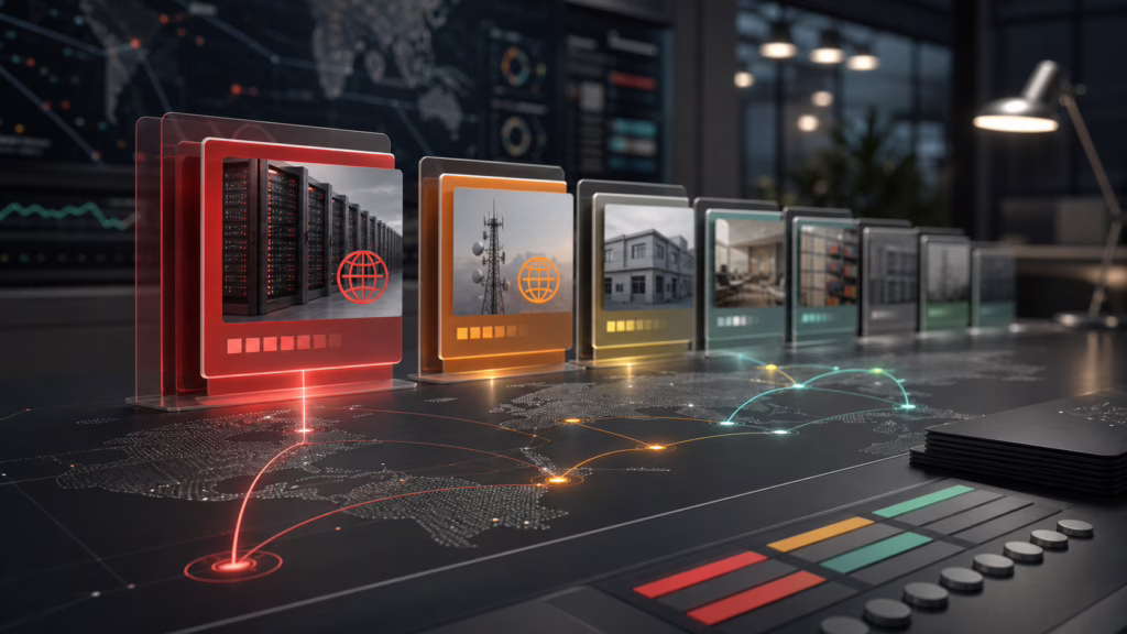 An abstract vulnerability management dashboard with exposed systems prioritized ahead of lower-risk internal assets.