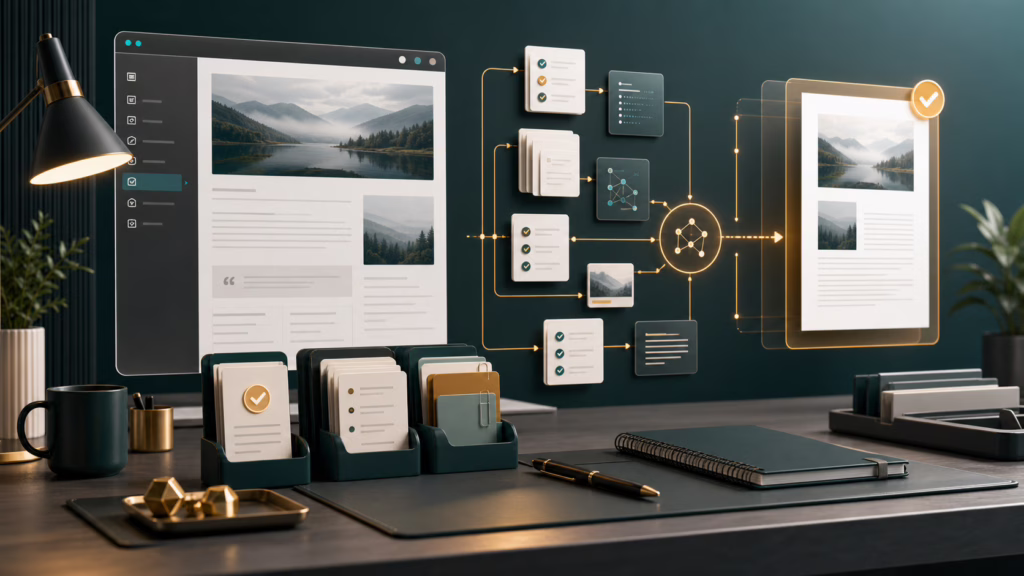 Editorial guideline cards flowing through an AI-assisted WordPress publishing workflow toward a finished article.