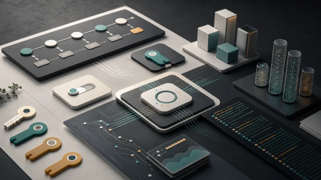 Abstract operations desk showing short-lived workflow tokens, policy controls, audit streams, and usage meters for AI automation.
