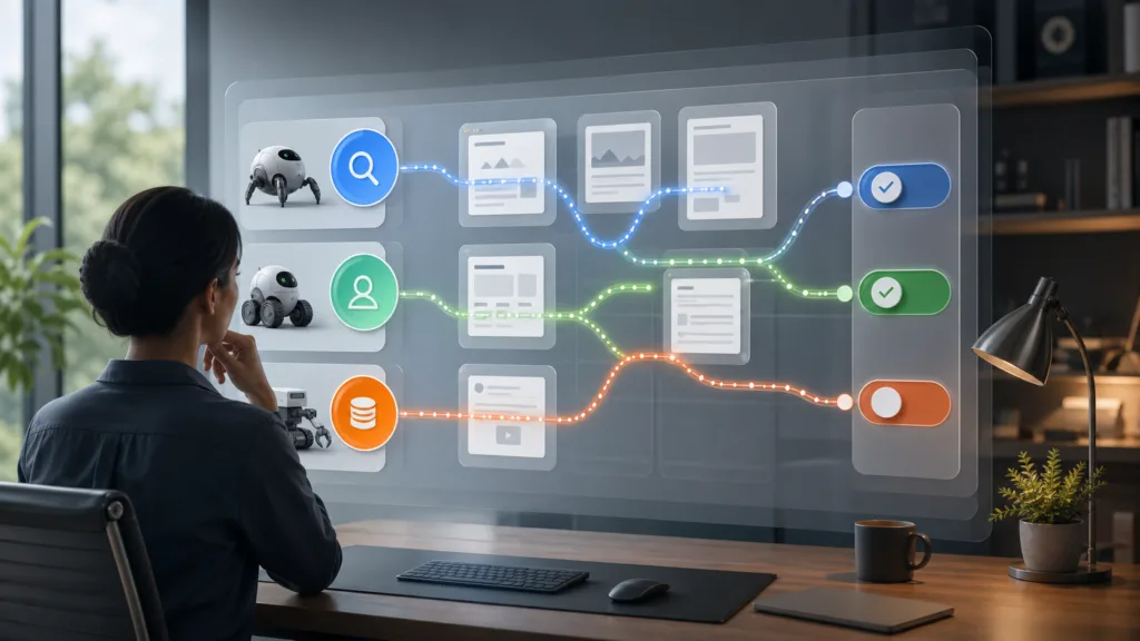 An operator reviewing three abstract crawler access routes through website content policy controls.