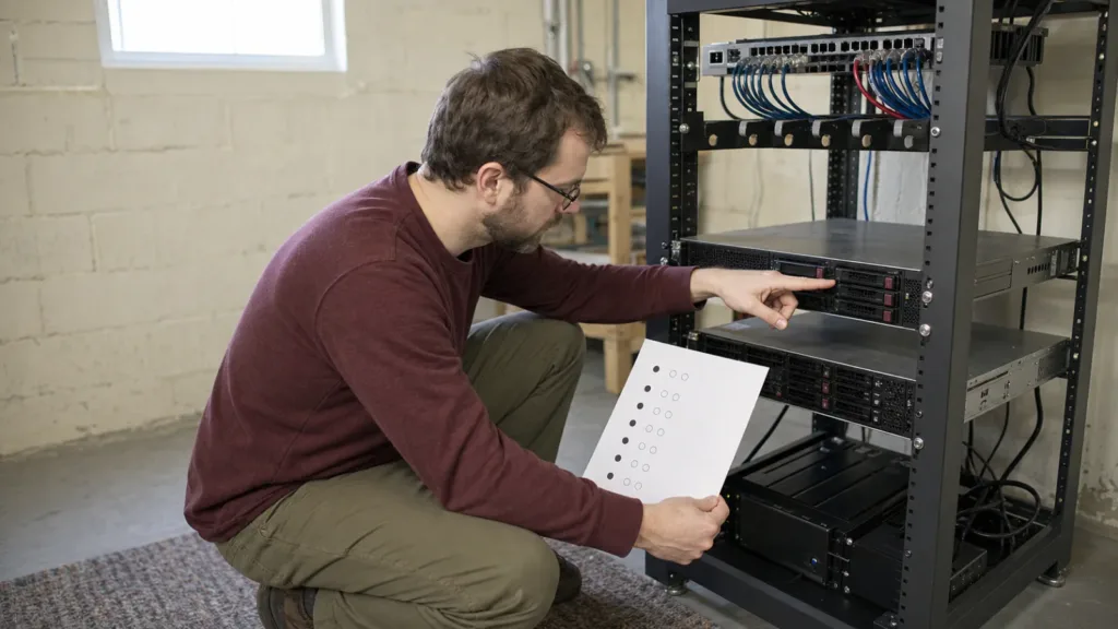 Systems administrator checks a compact server rack against a paper maintenance checklist.