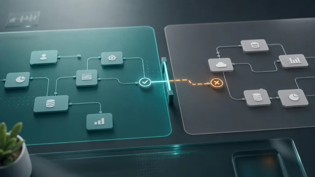 Abstract AI workflow nodes separated by access boundaries with a blocked cross-boundary path.