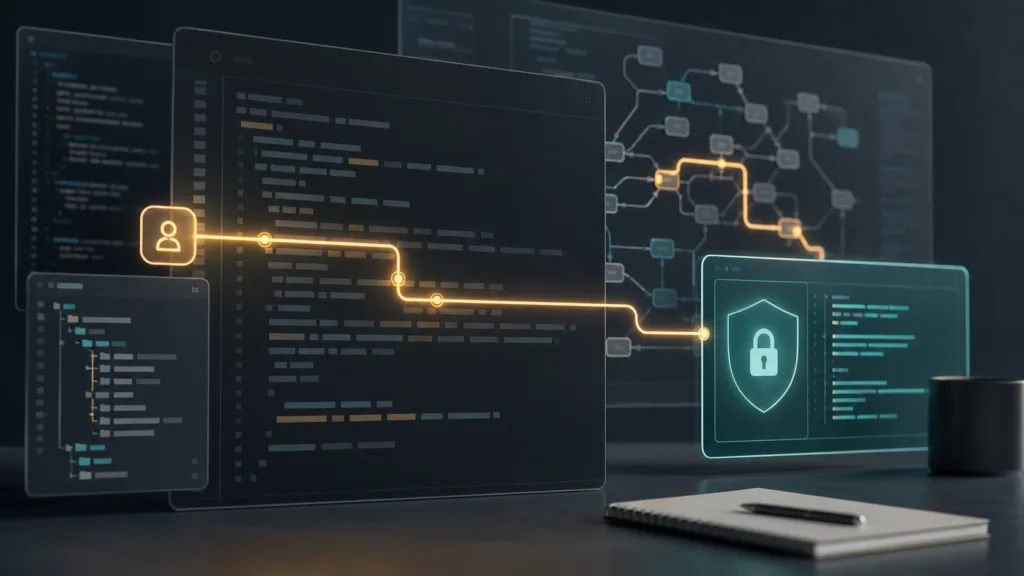 Abstract code-analysis interface tracing a risky user-input path into a protected AI system prompt boundary.