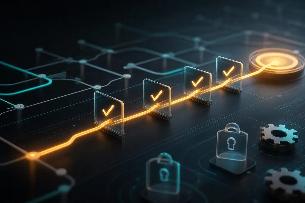Layered repository rule gates around a release automation path.