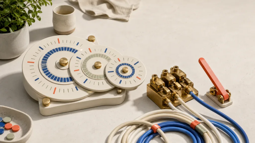 Bright tabletop still life of ceramic timing discs, a brass relay, red lever, and blue cable loops arranged as a mechanical renewal system.